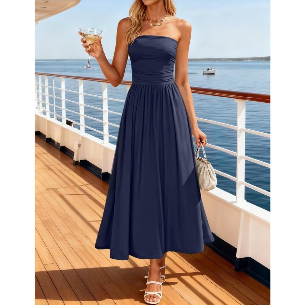 Women's Navy Summer Sleeveless 2026 Strapless Ruched A Line Flowy Midi Dress - Picture 4 of 7